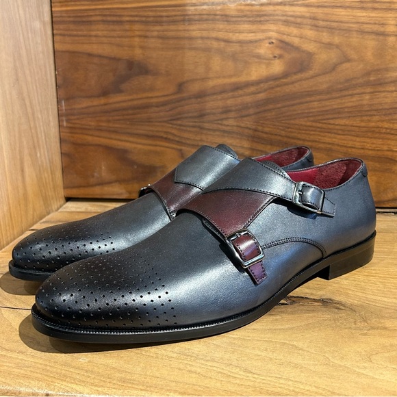 Black & Burgundy Double Monk-Strap Leather Dress Shoes - Jared Lang - Picture 1 of 7